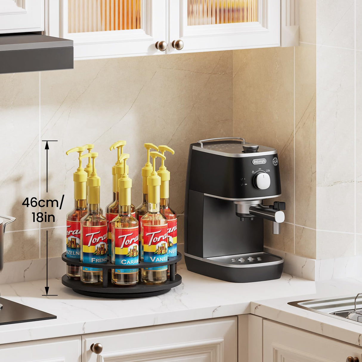 THYGIFTREE Large Rotating Coffee Syrup Organizer 9 Bottles Syrup Rack for Countertop Wood Syrup Bottle Holder Stand for Coffee Bar Station, Turntable Wine Display Tray, Black THYGIFTREE