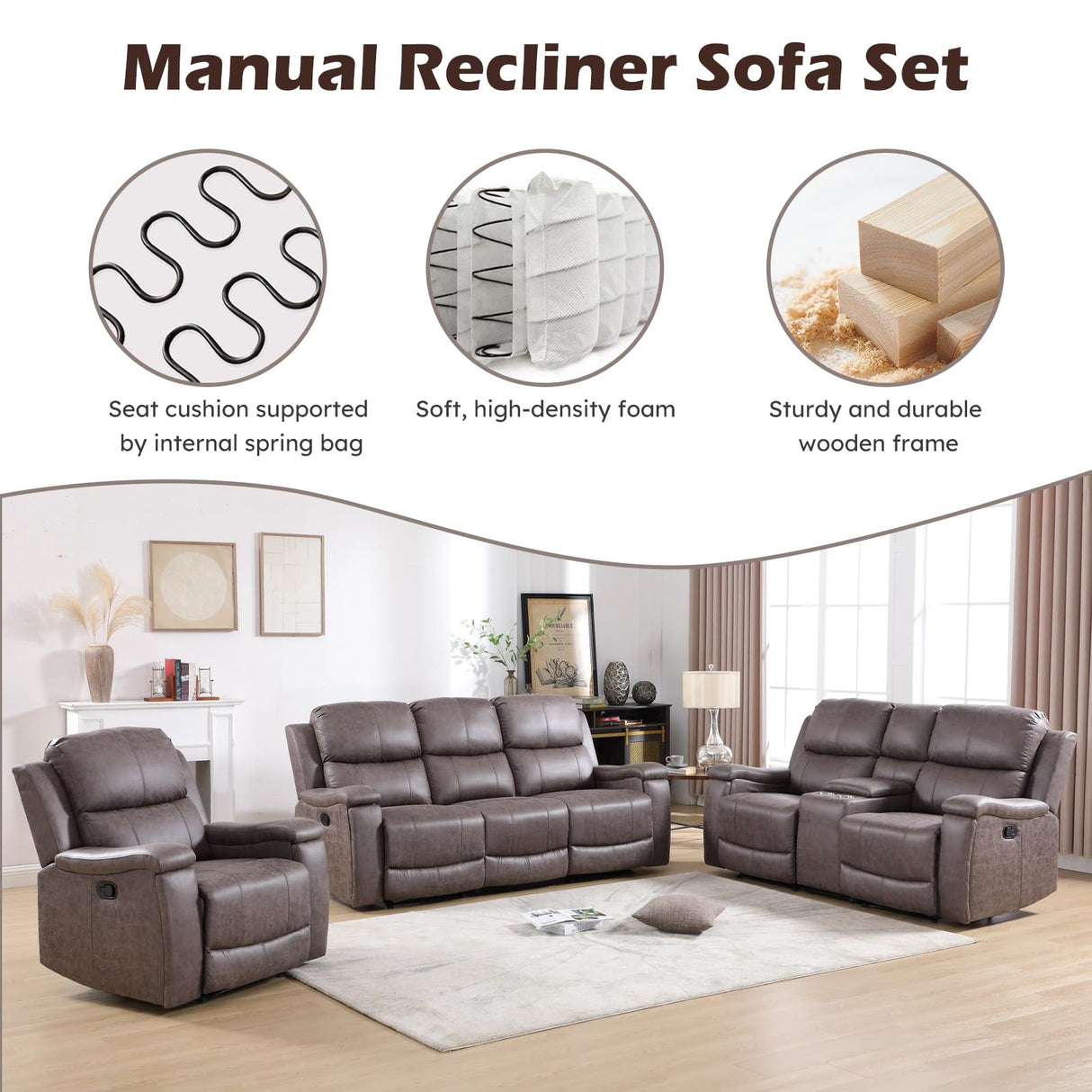 CANMOV Faux Leather Manual Reclining Sofa,3 Seat Recliner Couch Sofa with Overstuffed Arms and Back,Manual Recliner Sofa Set with Concealed Cup Holders for Living Room,Grey CANMOV