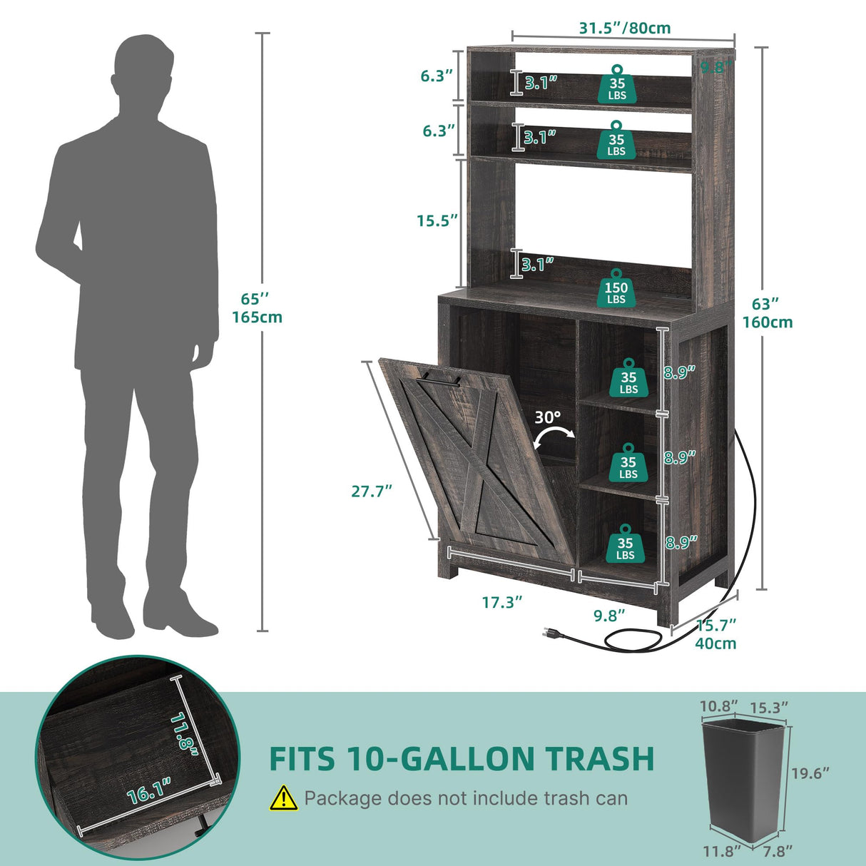 YITAHOME Bakers Rack Microwave Stand with Trash Can Storage Bin Cabinet and Power Outlet, 6-Tiers Farmhouse Kitchen Tall Thickened Coffee Bar Station with Adjustable Shelf (Rustic Oak) YITAHOME