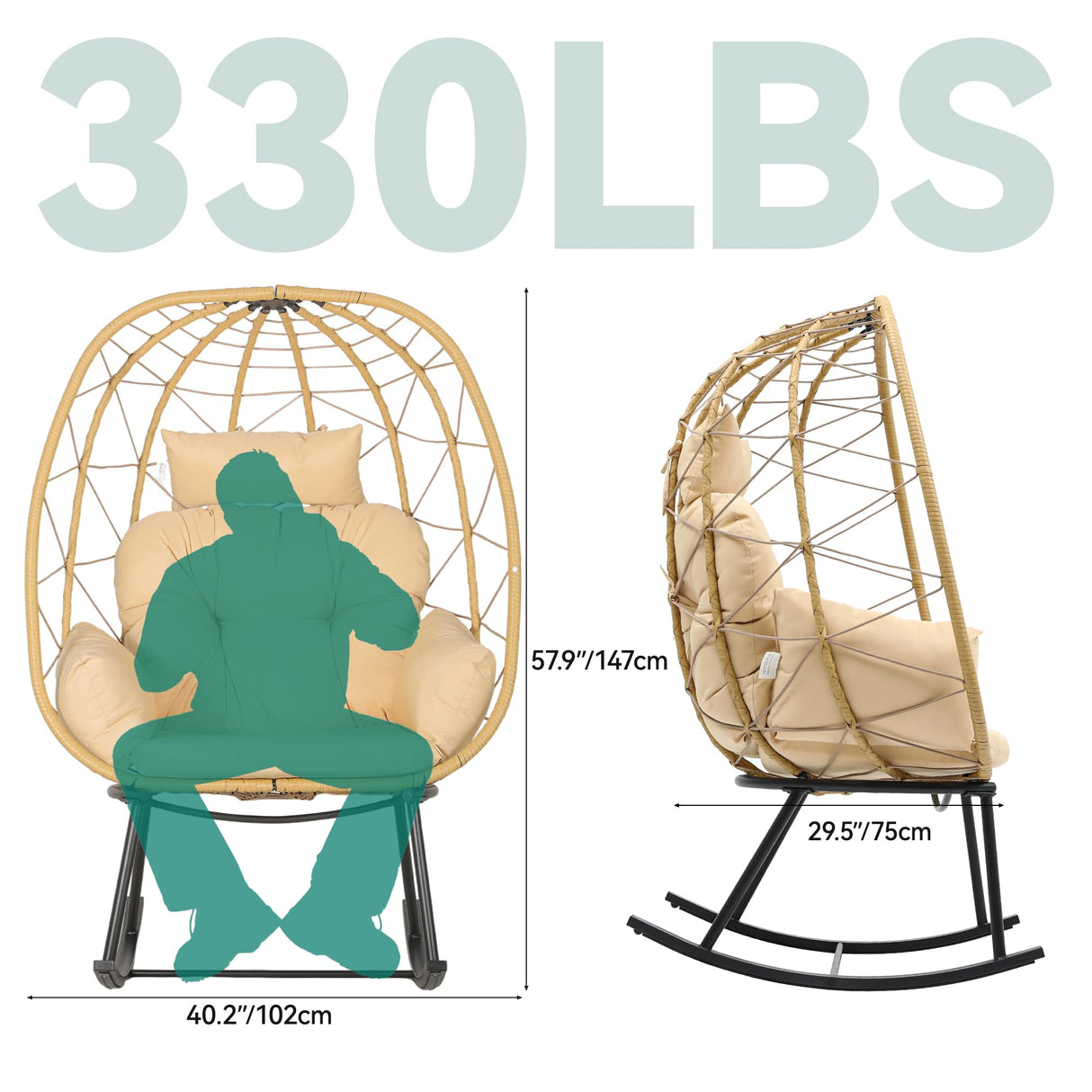 YITAHOME Wicker Rocking Egg Chair, Outdoor Patio Rocking Chair with Cushioned Comfort, 330lb Capacity, Anti-Slip, All-Weather Resilient Egg Lounger Chair for Indoor & Outdoor Relaxation Spaces, Beige YITAHOME