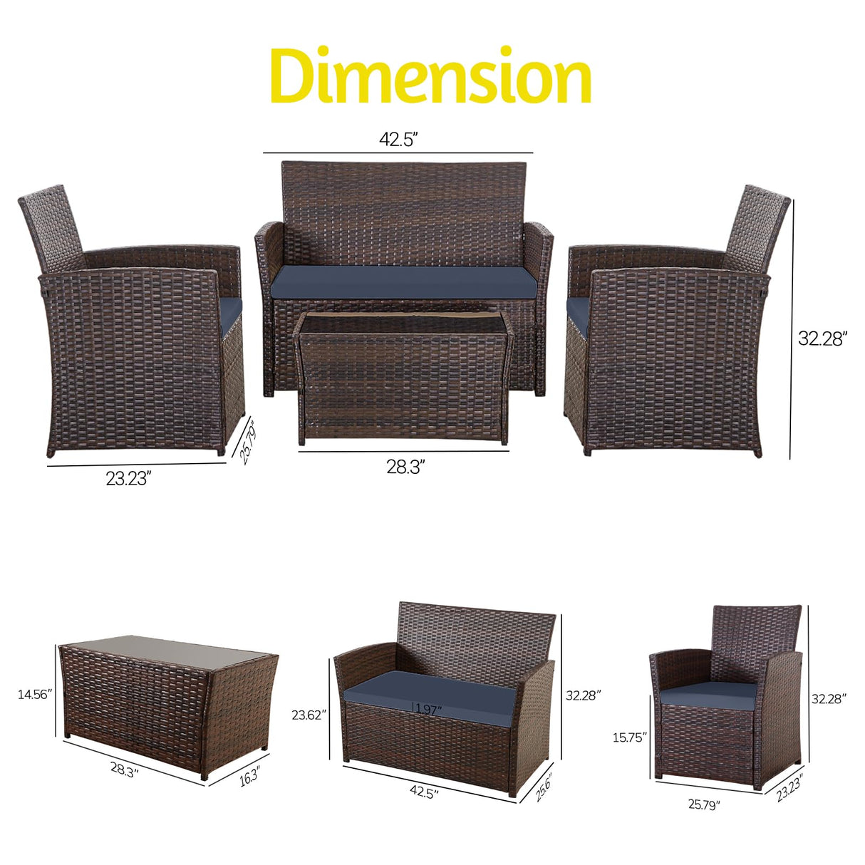 HYDRAGARDEN 4 Piece Outdoor Furniture Set, Patio Wicker Sectional Sofa with Tempered Glass Coffee Table and Cushions, Rattan Conversation Set for Garden Backyard Balcony (Brown Rattan-Blue Cushion) HYDRAGARDEN