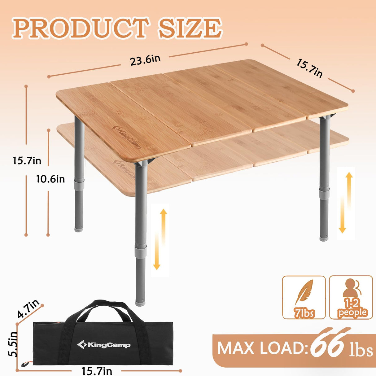 KingCamp Bamboo Folding Table Lightweight Camping Table with Adjustable Height Aluminum Legs 4-Fold Compact Small Portable Camp Tables for Travel RV Picnic Party Beach, 1-2 Person KingCamp