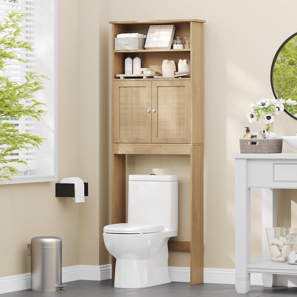 Reettic Tall Over The Toilet Storage with Two Doors, Floor Bathroom Space Saver with Inner Adjustable Shelf, Wooden Bathroom Cabinet Organizer Over Toilet, Natural BMGZ151M Reettic