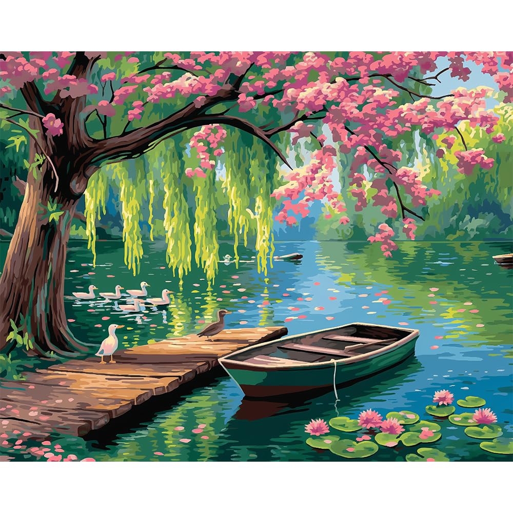 Natuyalo Paint by Numbers for Adults - DIY Adult Paint by Number Kits Painting on Canvas Willow Spring Landscape Painting by Numbers for Beginners, Lakeside Art Craft Kits for Adults (16x20 Inch) Natuyalo