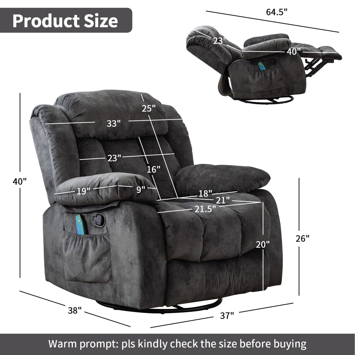 INZOY Massage Swivel Rocker Recliner with Heat and Vibration, Soft Manual Rocking Recliner Chair with Vibrating Massage, Comfy Padded Overstuffed Fabric Heated Recliner, Grey INZOY