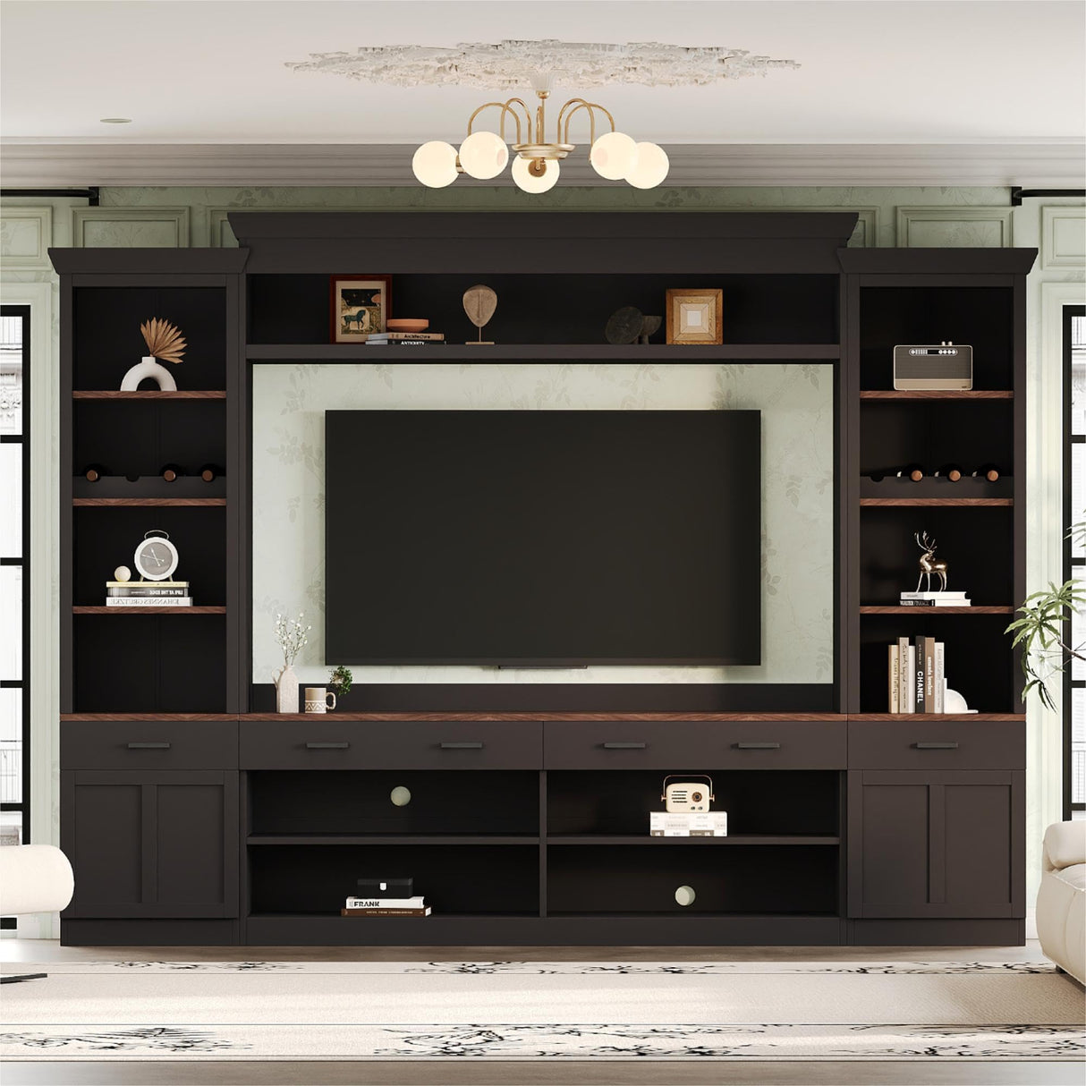 Merax Minimalist Entertainment Wall Unit Set with Ample Storage Space and Adjustable Shelves, TV Stand for Televisions Up to 70'', Mid-Century Large Media Console with Wine Rack for Living Room, Black Merax