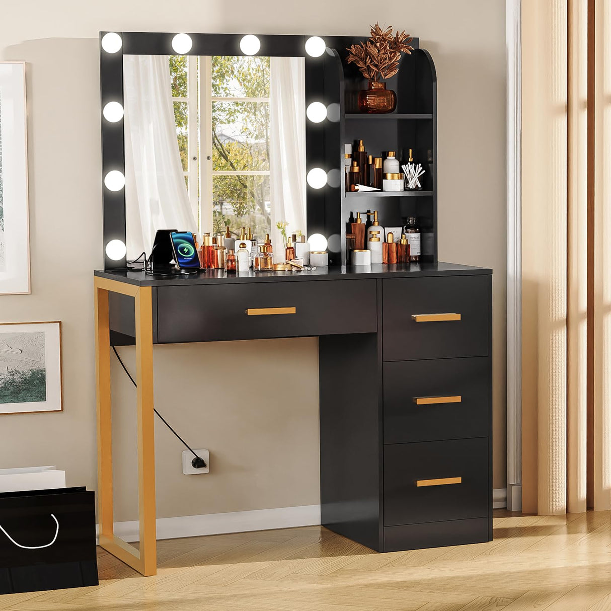 FIONESO Makeup Vanity Desk with Mirror & Lights, Vanity Desk with 4 Drawers & Charging Station, Dressing Vanity Table with Open Storage Shelves, 3 Color Modes, Vanity Table for Bedroom, Black FIONESO