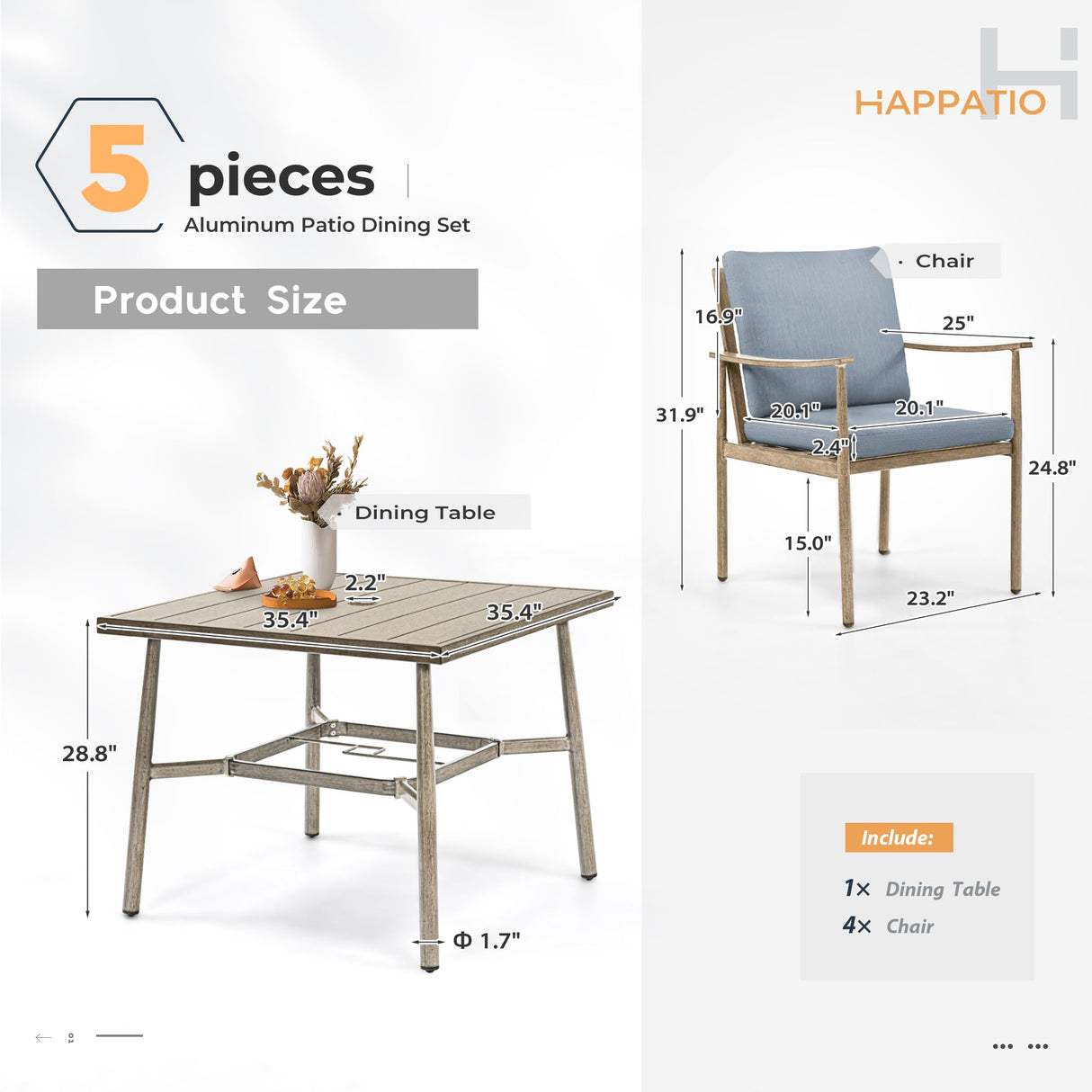 HAPPATIO 5-Piece Outdoor Dining Set for 4, Aluminum Patio Dining Set Includes 1 Large Square Table with Umbrella Hole and 4 Dining Chairs, Patio Furniture Set for Lawn, Porch, or Backyard (Brown) HAPPATIO