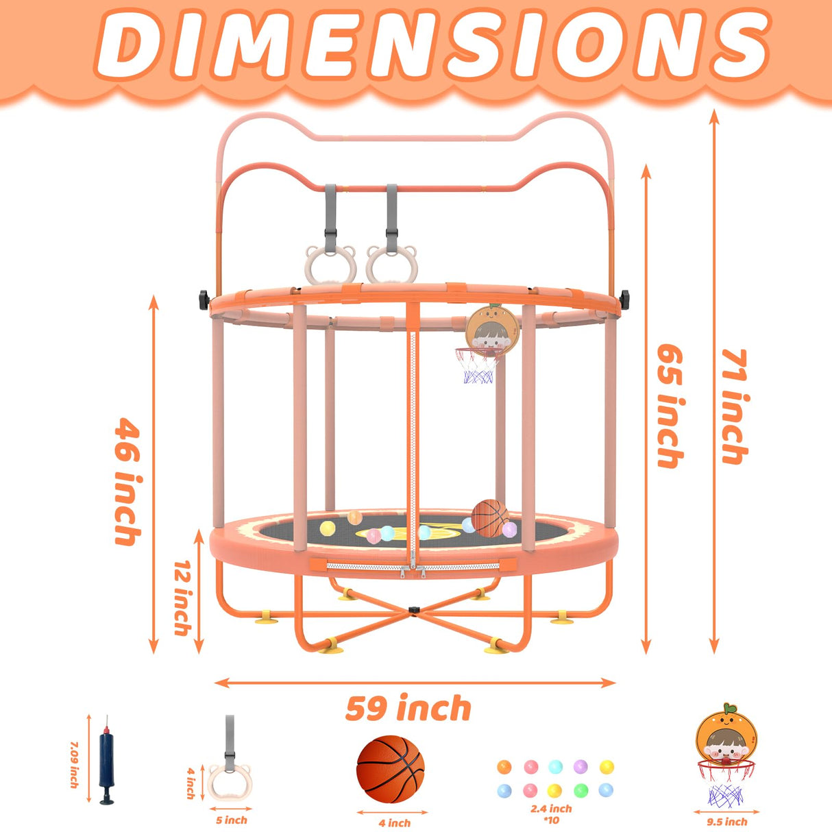 Gardenature 5ft/60'' Toddler Trampoline,Kids Trampoline Indoor&Outdoor for Ages 1-6,Mini Trampolines for Kids with Adjustable Gym Bar,Small Trampolines with Enclosure,Gift for Boys&Girls,Orange Gardenature