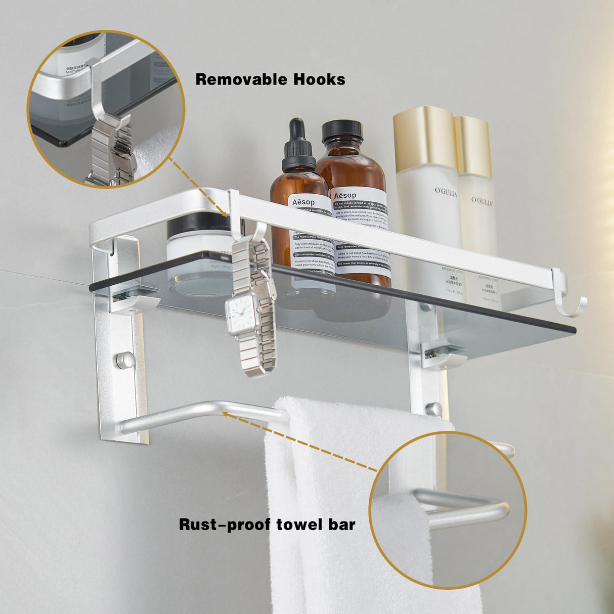 VOLPONE Glass Shelf for Bathroom 15.7 in Bathroom Shelves with Towel Bar Tempered Glass Shelves with 4 Removable Hooks for Wall(2 Tier) VOLPONE