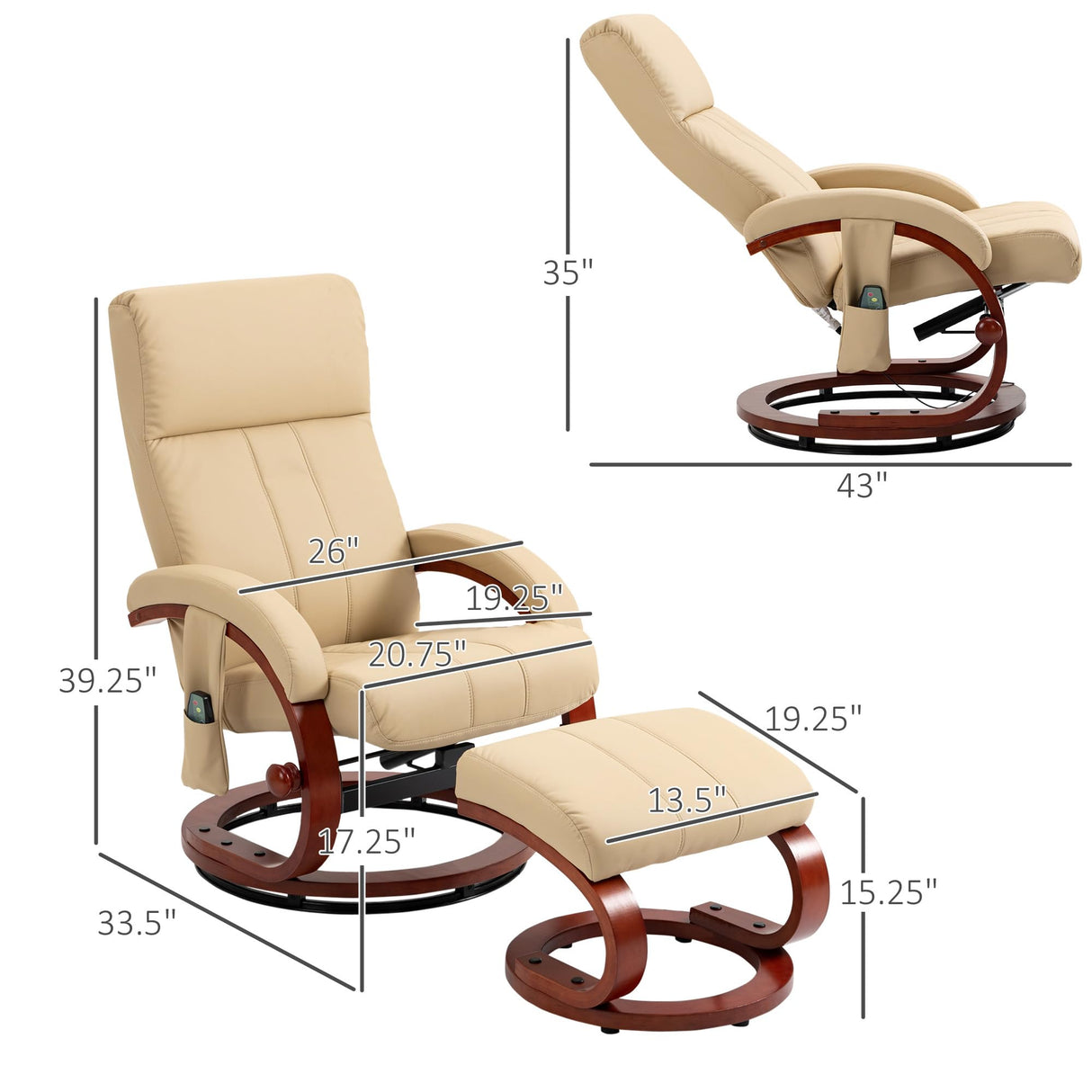 HOMCOM Recliner Chair with Ottoman, Electric Faux Leather Recliner with 10 Vibration Points and 5 Massage Mode, Reclining Chair with Remote Control, Swivel Wood Base and Side Pocket, Beige HOMCOM