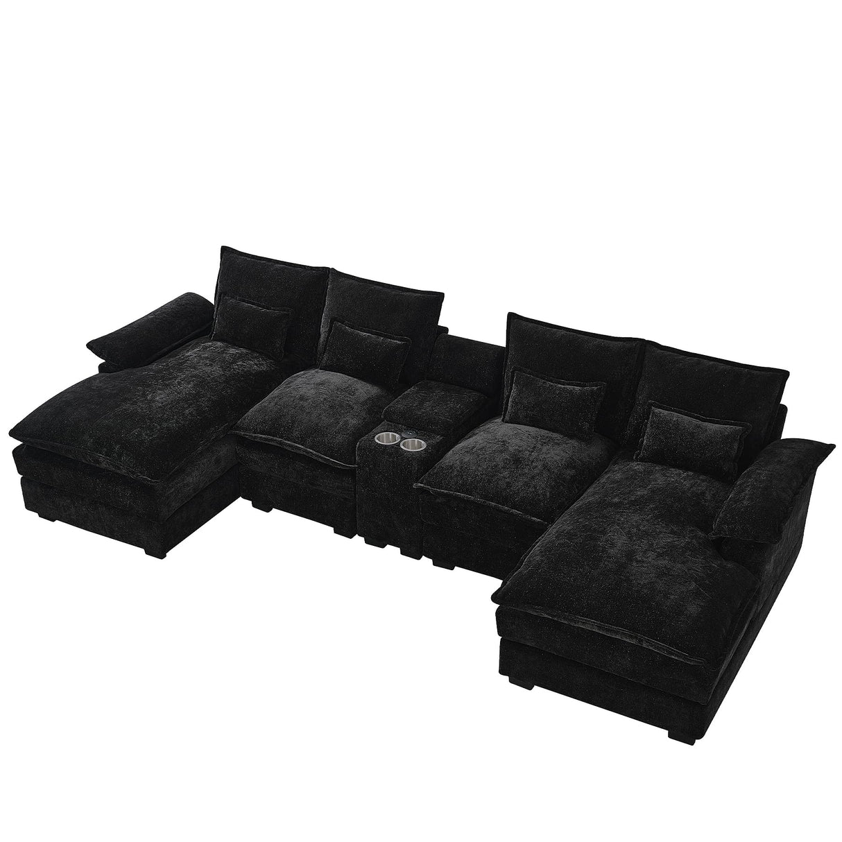 HYJT-H&K 124" U Shaped Cloud Couch Sectional, Comfy Fluffy Chenille Black Sectional Couches for Living Room, Modern Modular Sectionals Sofa with Central Console Double Chaise Lounge Black HYJT-H&K