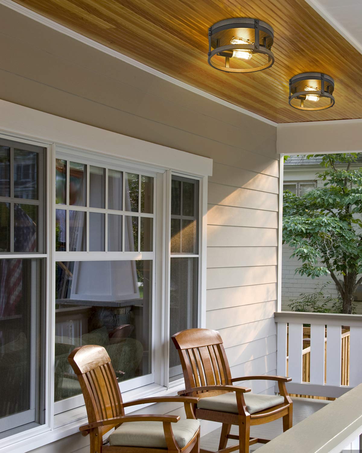 Osimir 2-Light Farmhouse Flush Mount Ceiling Light, 12 inch Kitchen Ceiling Light, Round Rustic Light Fixtures with Black & Wood Grain Finish for Entryway Hallway, OS-3016BK Osimir