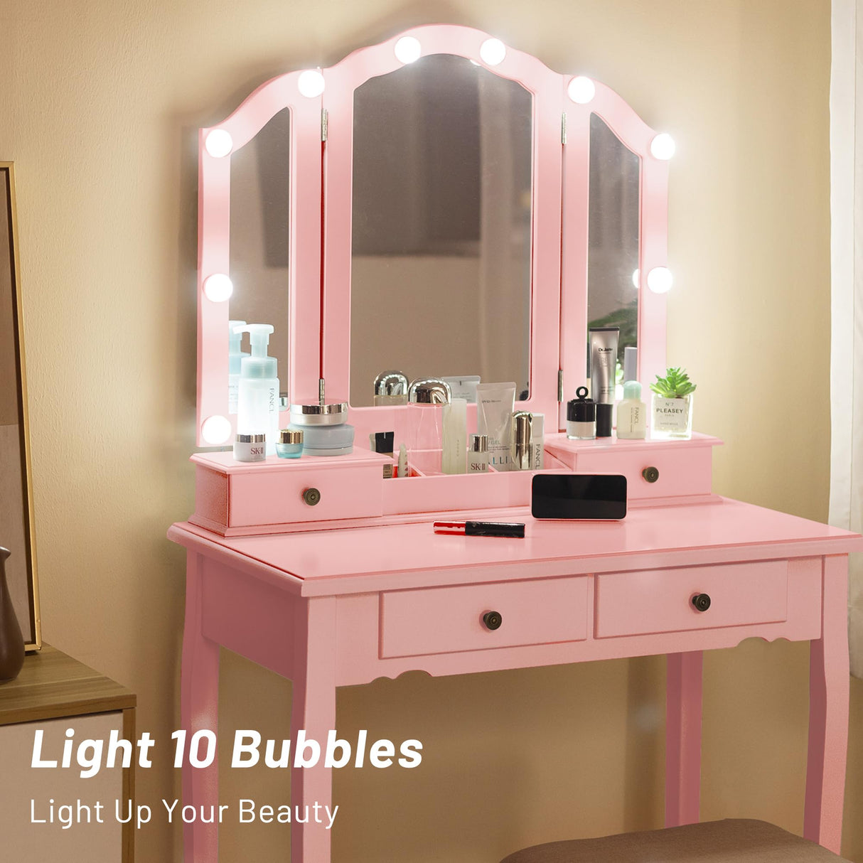 LilyFantasy Vanity Table, Makeup Vanity Table with Lighted Mirror, Vanity Set with Padded Stool, Tri-Fold Bedroom Vanity, 4 Drawers, 2 Open Compartments, Pink Finish LilyFantasy