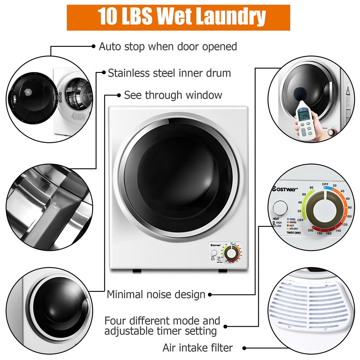 COSTWAY Compact 110V Electric Portable Clothes Stainless Steel Tub Laundry Dryer, for 4 Automatic Drying Mode, White COSTWAY