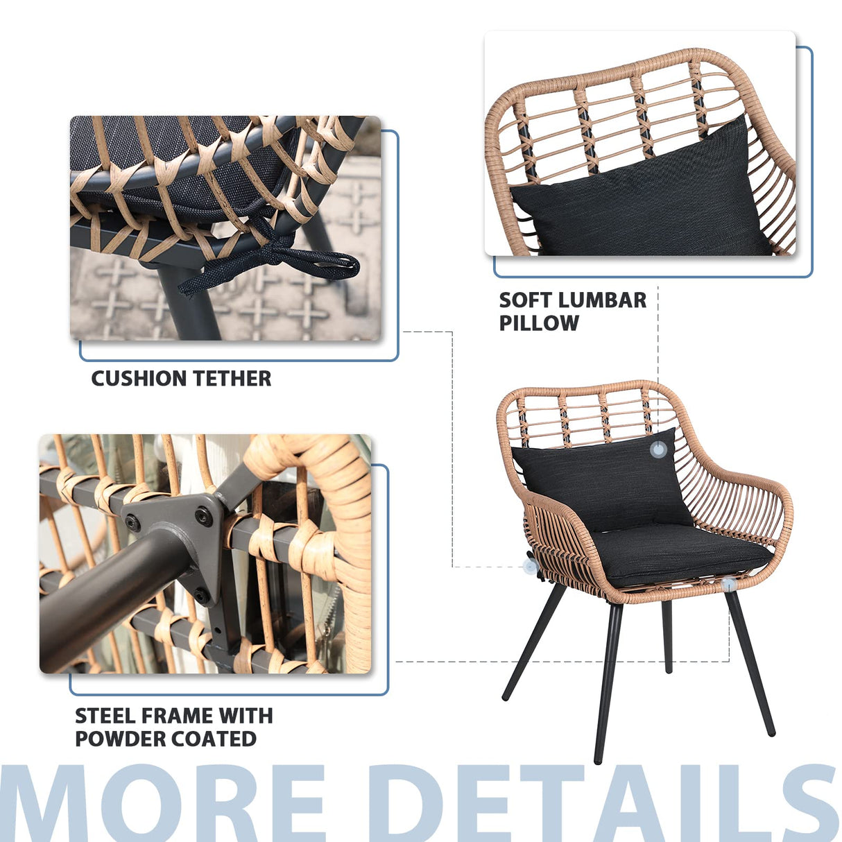 JOIVI 3 Piece Patio Bistro Set, Wicker Outdoor Patio Set with Enhanced Comfort Seating, Round Glass Top Coffee Side Table, Patio Rattan Conversation Set for Balcony, Lawn, Garden, Backyard, Black JOIVI