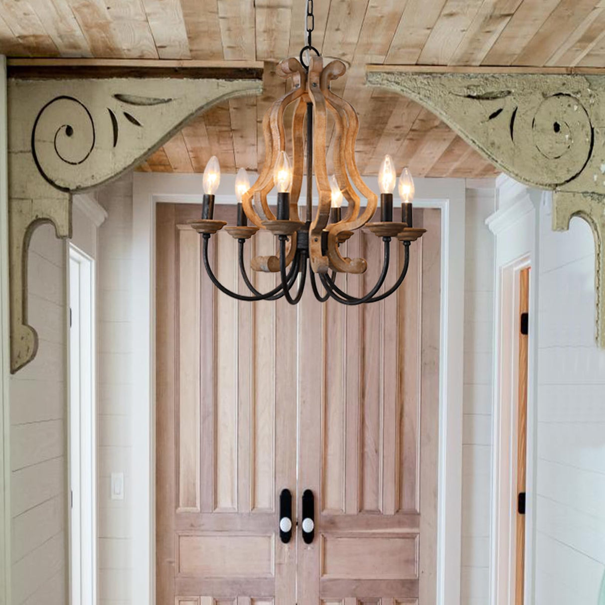 ANQIANYUE Farmhouse Chandelier, 6-Lights Wood Chandelier, Distressed Black Pendant Light Adjustable Height, Rustic Chandeliers for Dining Room Kitchen Island Foyer Living Room Entryway Hallway (18.3") ANQIANYUE