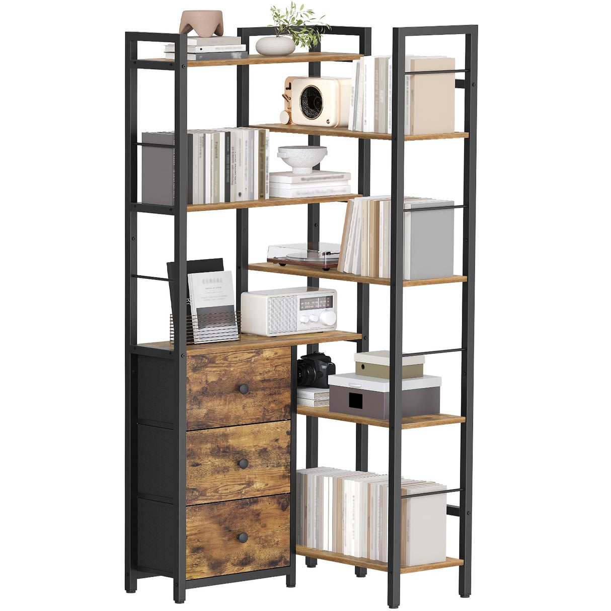 YATINEY Corner Bookshelf, 7 Tier L-Shaped Bookcase with 3 Drawers, Storage Corner Shelf, Freestanding Tall Display Shelf, Industrial Style, for Living Room, Home Office, Rustic Brown and Black SJ10BR YATINEY