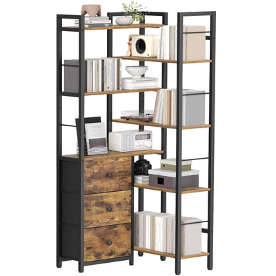 YATINEY Corner Bookshelf, 7 Tier L-Shaped Bookcase with 3 Drawers, Storage Corner Shelf, Freestanding Tall Display Shelf, Industrial Style, for Living Room, Home Office, Rustic Brown and Black SJ10BR