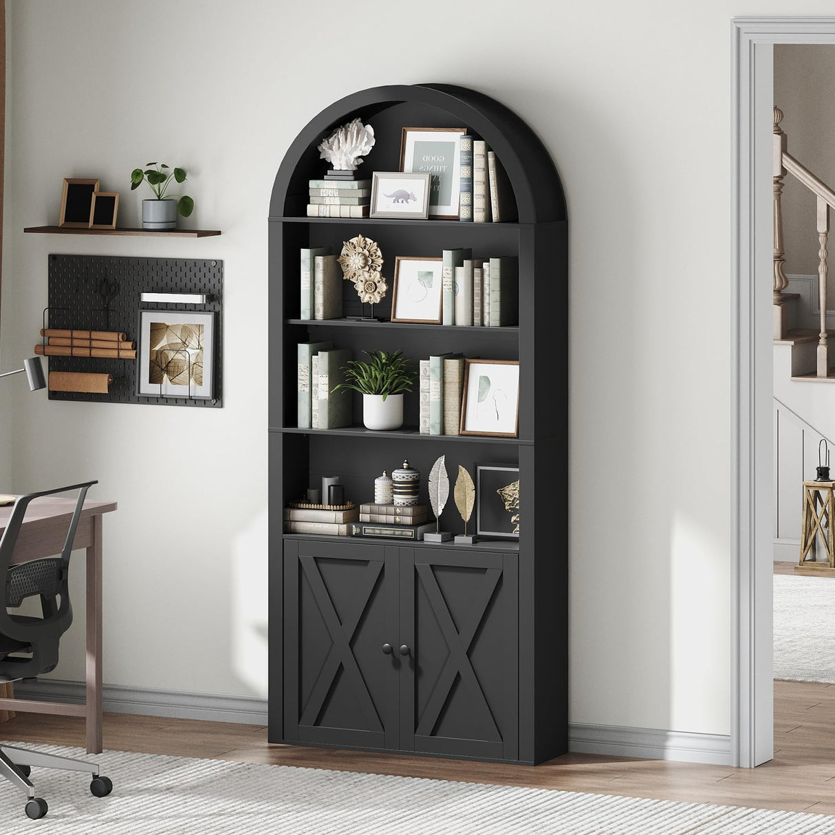 MAHANCRIS 6-Tier Bookshelf, 74.6'' Farmhouse Arched Bookcase with Cabinet, Freestanding Engineered Wood Display Bookshelf, with Adjustable Shelves, for Living Room, Study, Kitchen, Black BKBK2601 MAHANCRIS