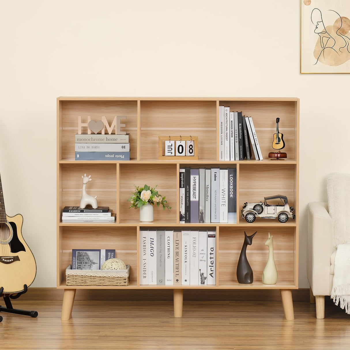 Modern 10 Cube Bookshelf with Legs - Versatile Mid-Century Wood Storage Solution for Bedroom, Living Room, and Office LEYAOYAO