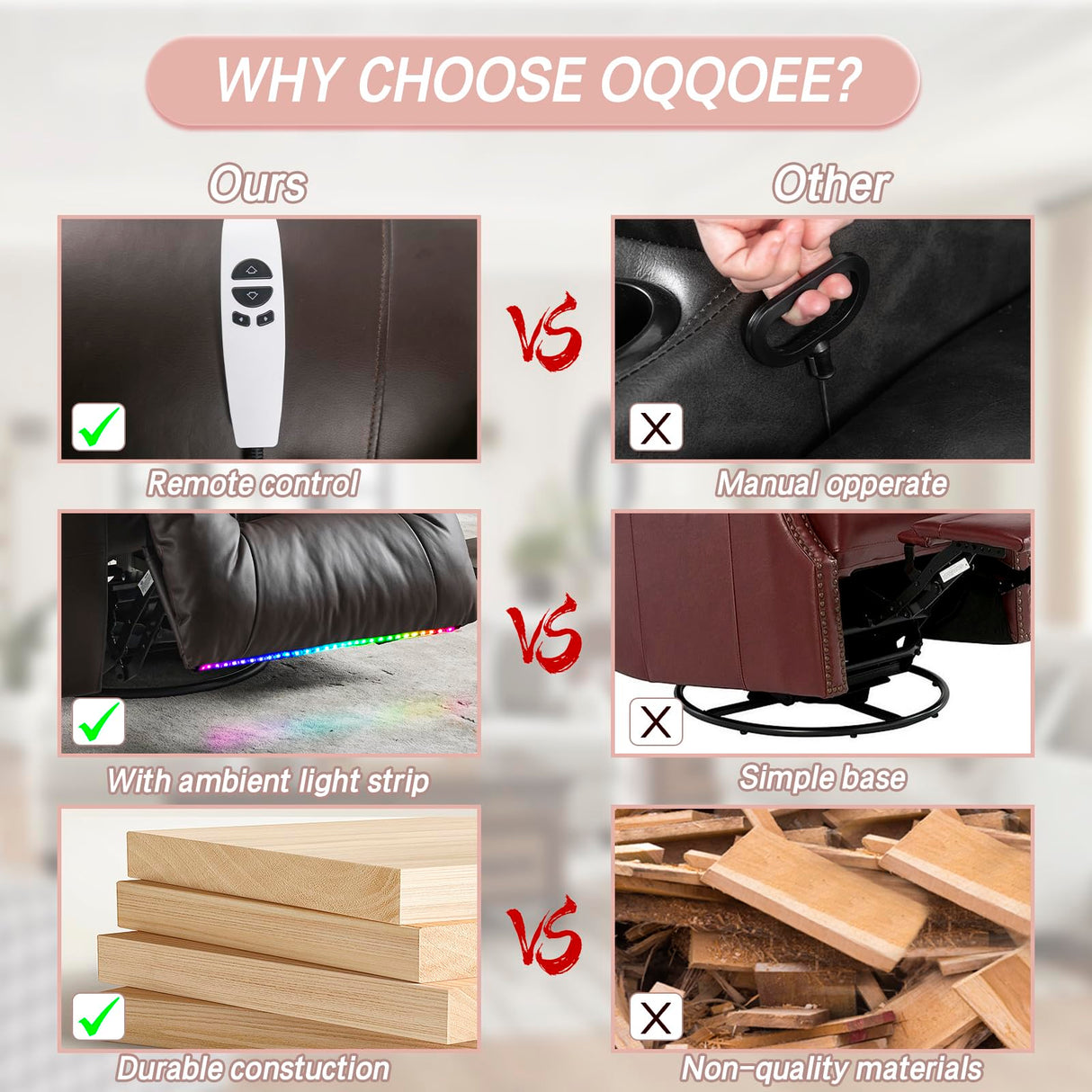 OQQOEE Power Recliner Chair,Electric Swivel Rocker Recliner,Glider Rocking Chairs Home Theater Seating with Massage Heat,Cup Holders,USB Ports for Living Room (Brown PU) OQQOEE