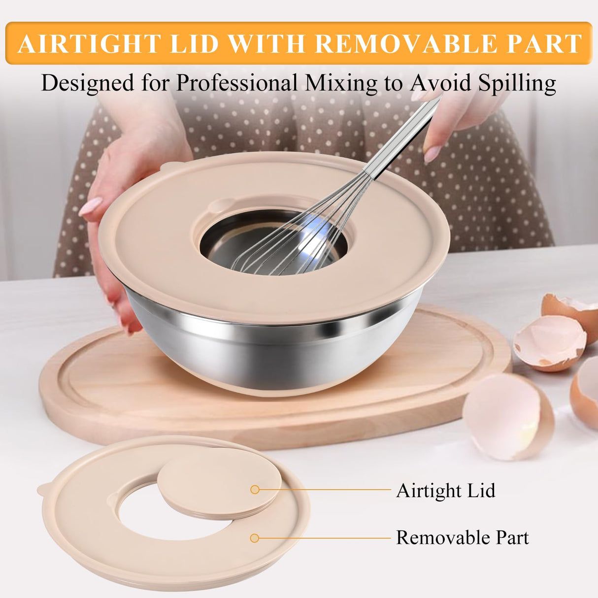 Mixing Bowls with Airtight Lids Set, 20 PCS Kitchen Gadgets Set, 6 Stainless Steel Bowls, 3 Grater Attachments, Non-Slip Silicone Bottoms, Great for Serving&Baking, Size 5, 4, 3.5, 2.1, 1.5, 1.1QT ENVTEK