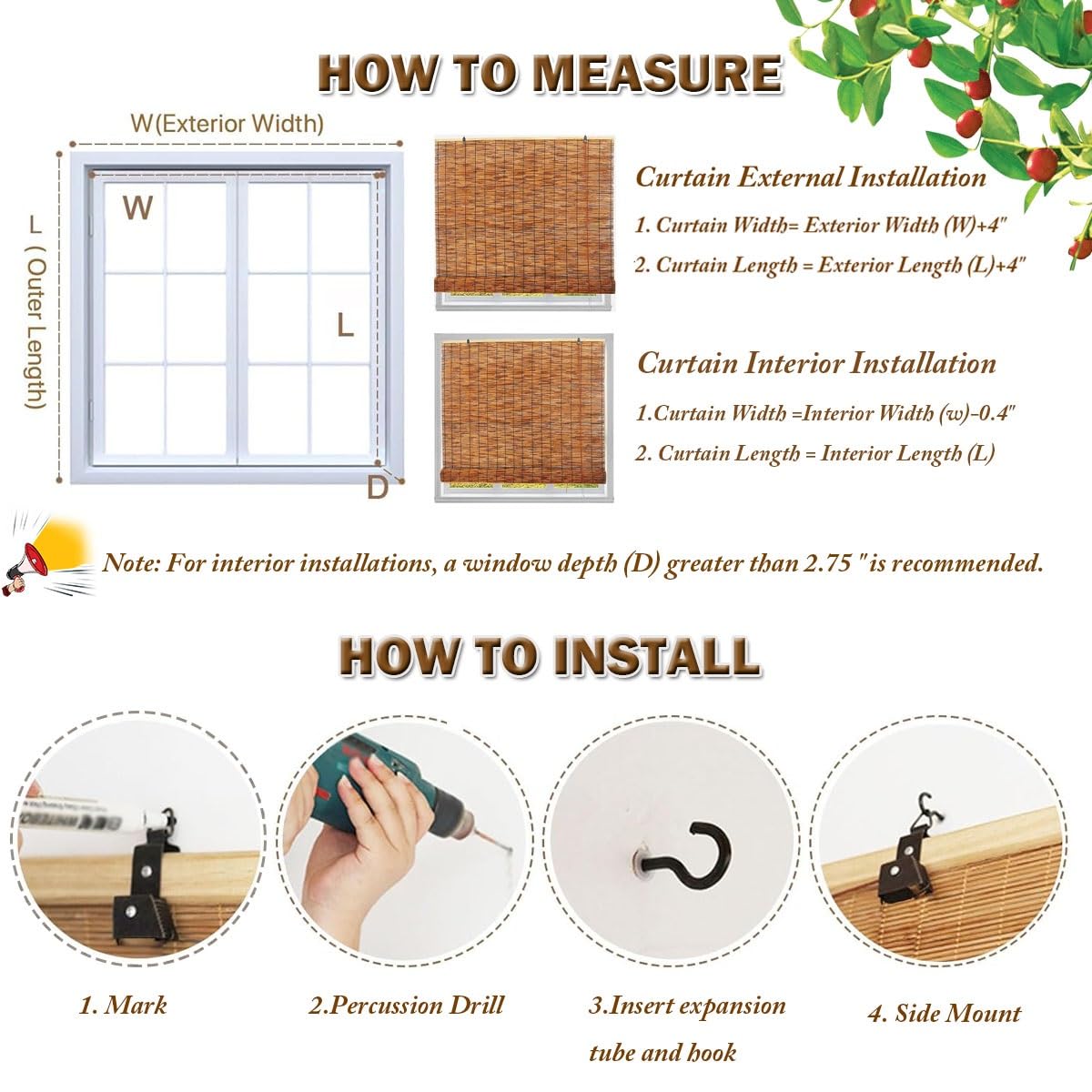 Retro Bamboo Roll Up Blinds 20" 28" 30" 36" 40" 46" 55" 68" 75" Waterproof Bamboo Shades for Indoor/Outdoor Patio, Cordless Reed Roller Shades with Lifter, Blackout Privacy Curtains(70" W x 48" H) KAKVSRBPER