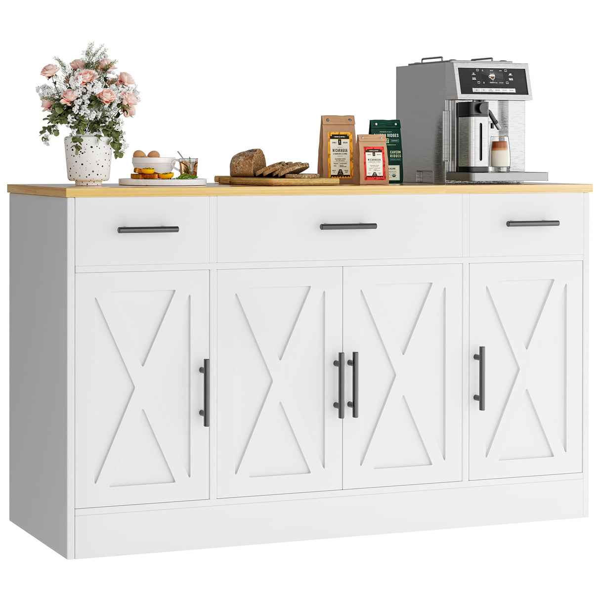 Vongrasig Buffet Cabinet with Drawers, 53” Large Sideboard Buffet Kitchen Storage Cabinet, Modern Farmhouse Coffee Bar with Shelves and Doors, Wood Buffet Table for Kitchen, Dining Room, White Vongrasig