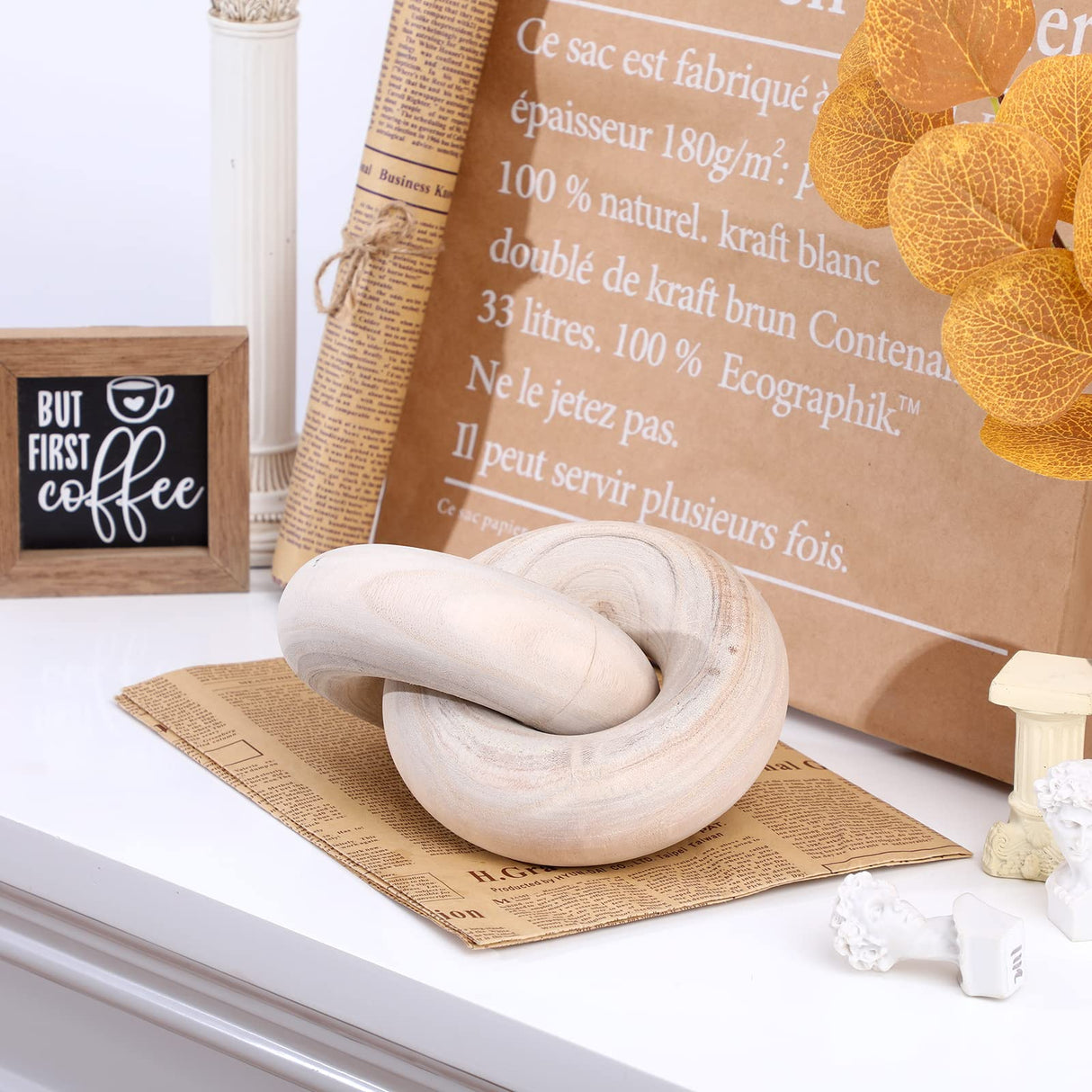 Yalikop 2-Link Wood Chain Link Decor Coffee Table Wood Knot Decor Hand Carved Modern Farmhouse Ornament Boho Rustic Natural Chain Decor for Home Living Room Bedroom Shelf Decor(Wood) Yalikop