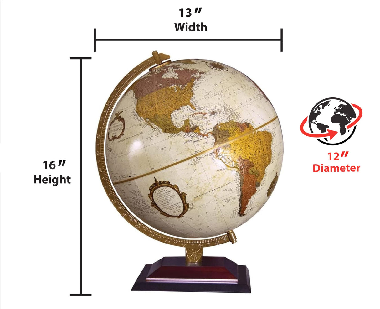 Replogle Andorra Globe, 12" Desktop World Globe, Raised Relief, Up-to-date Cartography, Smart Intelli-enabled World Map, Made in the USA, Antique Replogle