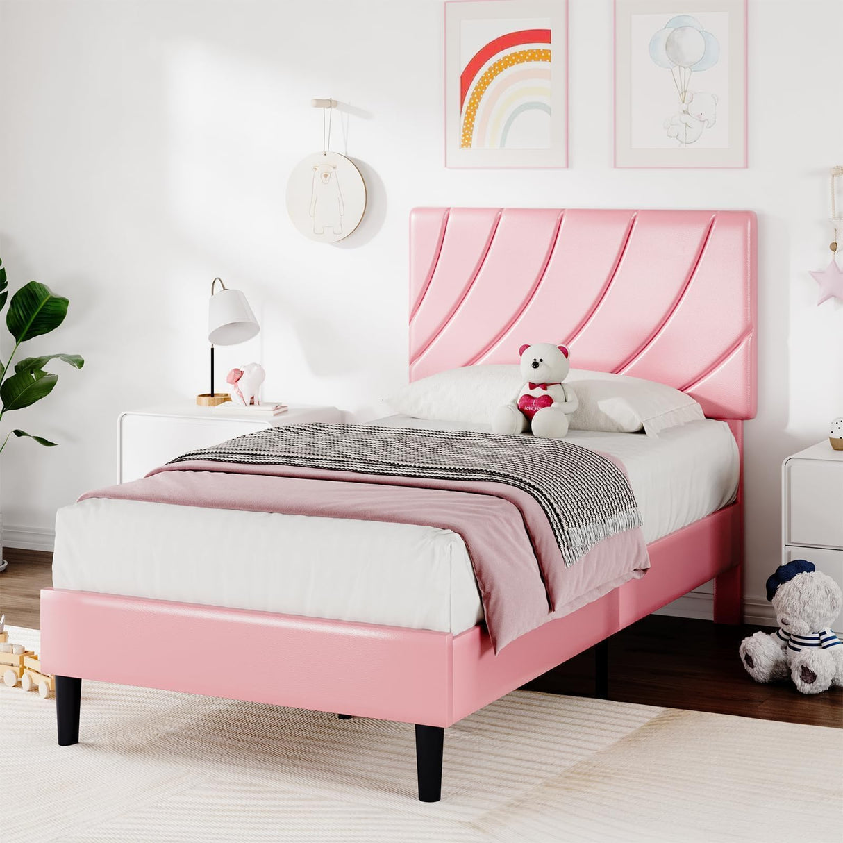 HOMBCK Twin Bed Frames/Faux Leather Upholstered Platform Bed with Headboard/Strong Wooden Slats/No Box Spring Needed/Easy Assembly/Pink HOMBCK