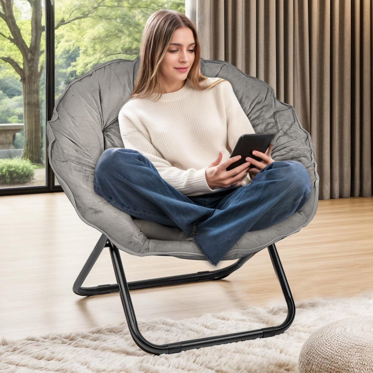 Folding Faux Fur Saucer Chair,Portable Folding Soft Moon Chair for Bedroom, Dorm Rooms, Apartments, Lounging, Garden and Courtyard, Grey Grezone