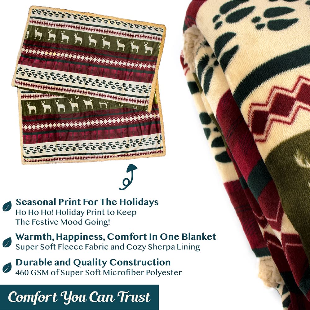 PAVILIA Premium Christmas Blanket Sherpa Fleece Throw| Plush Christmas Decoration, Reindeer, Cozy Reversible Winter Holiday Cabin Blanket for Sofa Couch 50x60 PAVILIA