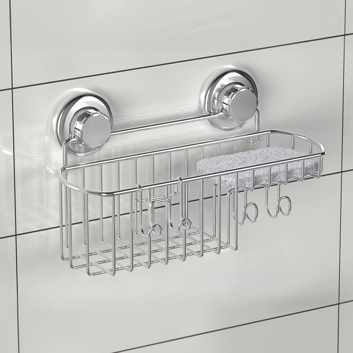 HASKO Suction Cup Shower Caddy Basket for Shampoo, Shower Suction Shelf Organizer, Basket with Soap Holder and Hooks, Stainless Steel Shampoo Holder for Bathroom Storage (Chrome) HASKO accessories