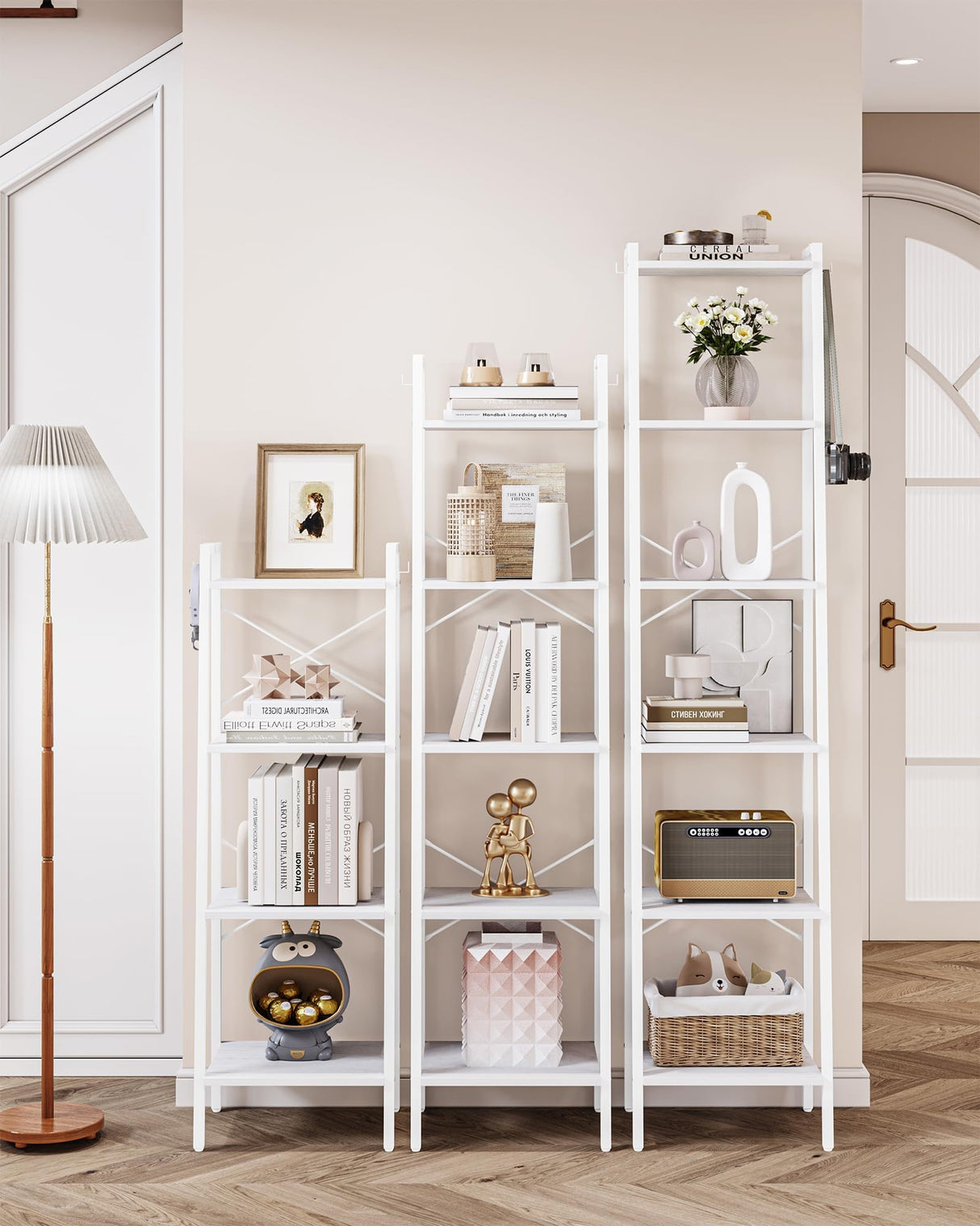 Hzuaneri Ladder Shelf, Bookshelf Bookcase, Freestanding Corner Storage Shelve with 2 Hooks for Home Office, Living Room, Kitchen, Bedroom, Industrial, 4-Tier White BC13213W Hzuaneri