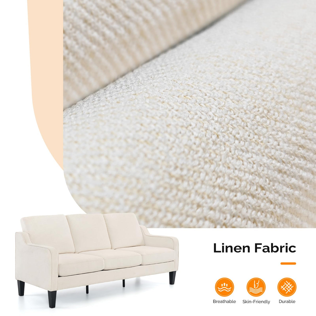 VINGLI Small Couch Sofa 71" Comfy Couches for Living Room Beige 3 Seat Sofa Couch Mid Century Modern Sofa Furniture Couches with Scooped Arms for Small Spaces, Bedroom, Apartment, Studio VINGLI