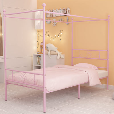 Weehom Twin Canopy Bed Frame with Headboard and Footboard, 4 Posters Metal Bed Frame, No Box Spring Needed, Mattress Foundation Platform Bed for Kids and Adults, Pink
