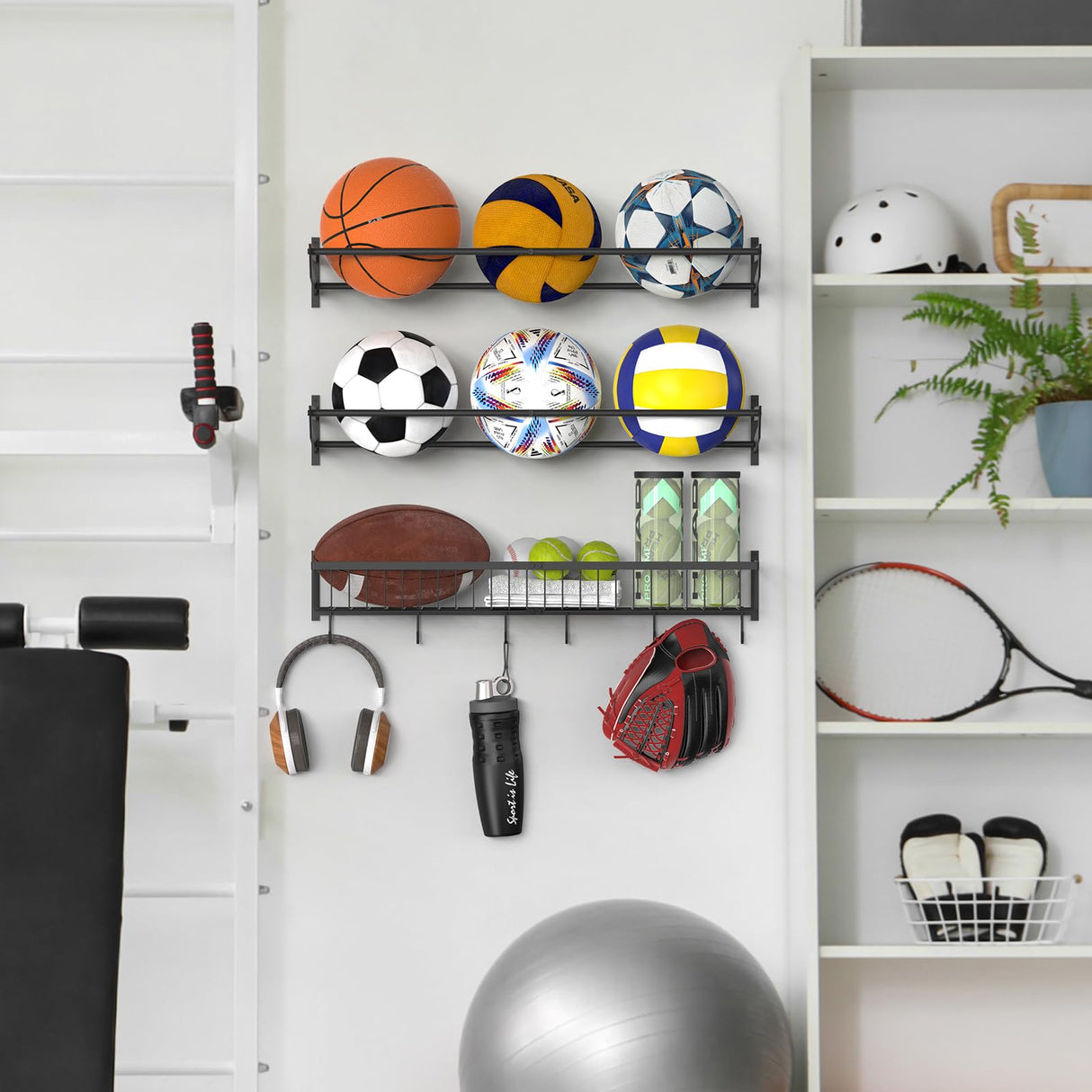 YBING Sports Equipment Organizer with 3 Separate Shelf, Ball Racks for Garage, Garage Sport Equipment Organizer with Hooks,Wall Mount Sports Holder Storage, Black YBING