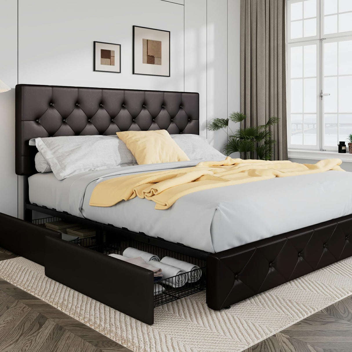 Allewie Upholstered King Size Platform Bed Frame with 4 Storage Drawers and Headboard, Diamond Stitched Button Tufted, Mattress Foundation with Wooden Slats Support, Black Brown Allewie