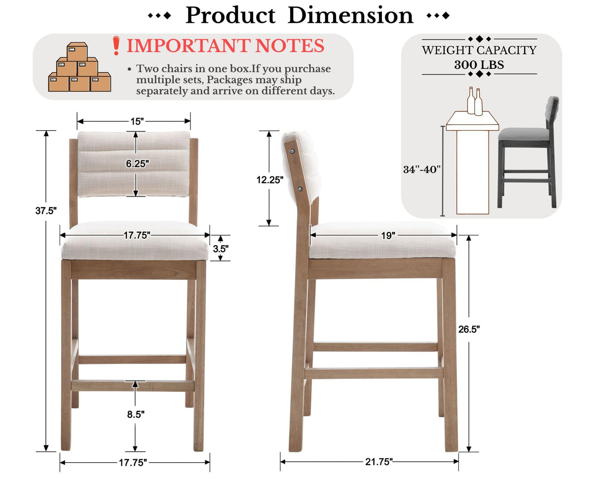 26.5'' Tall Bar Stools Set of 4 Modern Counter Stools with Backs Beige Linen Upholstered Bar Height Chairs Counter Height Island Stools with Wood Frame Farmhouse Wooden Barstools for Kitchen Island HNY