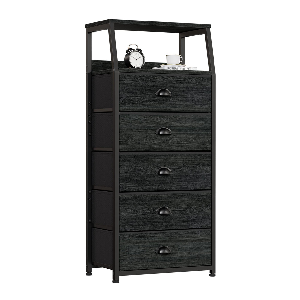 Furnulem Black Dresser with 5 Drawers, Vertical Storage Tower Fabric Dresser for Bedroom, Hallway, Entryway, Nursery, Closet Organizer, Nightstand Bedside Table Furniture, Sturdy Steel Frame, Wood Top Furnulem