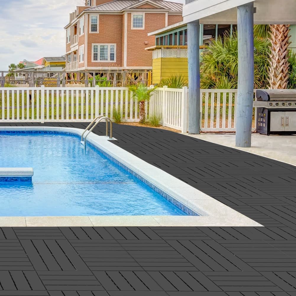 36 sq. ft Plastic Interlocking Deck Tiles, 36 Pack,12"x12" Waterproof Outdoor Flooring All Weather Use, Patio Floor Decking Tiles for Porch Poolside Balcony Backyard, Dark Grey MinCHI257