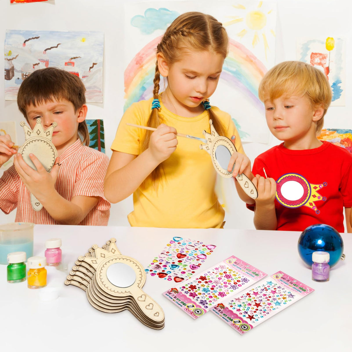 TOYANDONA 8 Pack Wooden Mirror Craft for Kids - Decorate Your Own Princess Mirror Unfinished Wood Handheld Crafts DIY Wooden to Paint for Activities Party Favors TOYANDONA