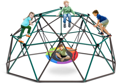 Hapfan 10 ft Climbing Dome Swing Set with Saucer Swing, Jungle Gym for Kids Outdoor Backyard, Supports 800lbs, Easy Asssembly, Rust-Resistant Outdoor Playset for Ages 3-8 8-12 (Green and Brown)