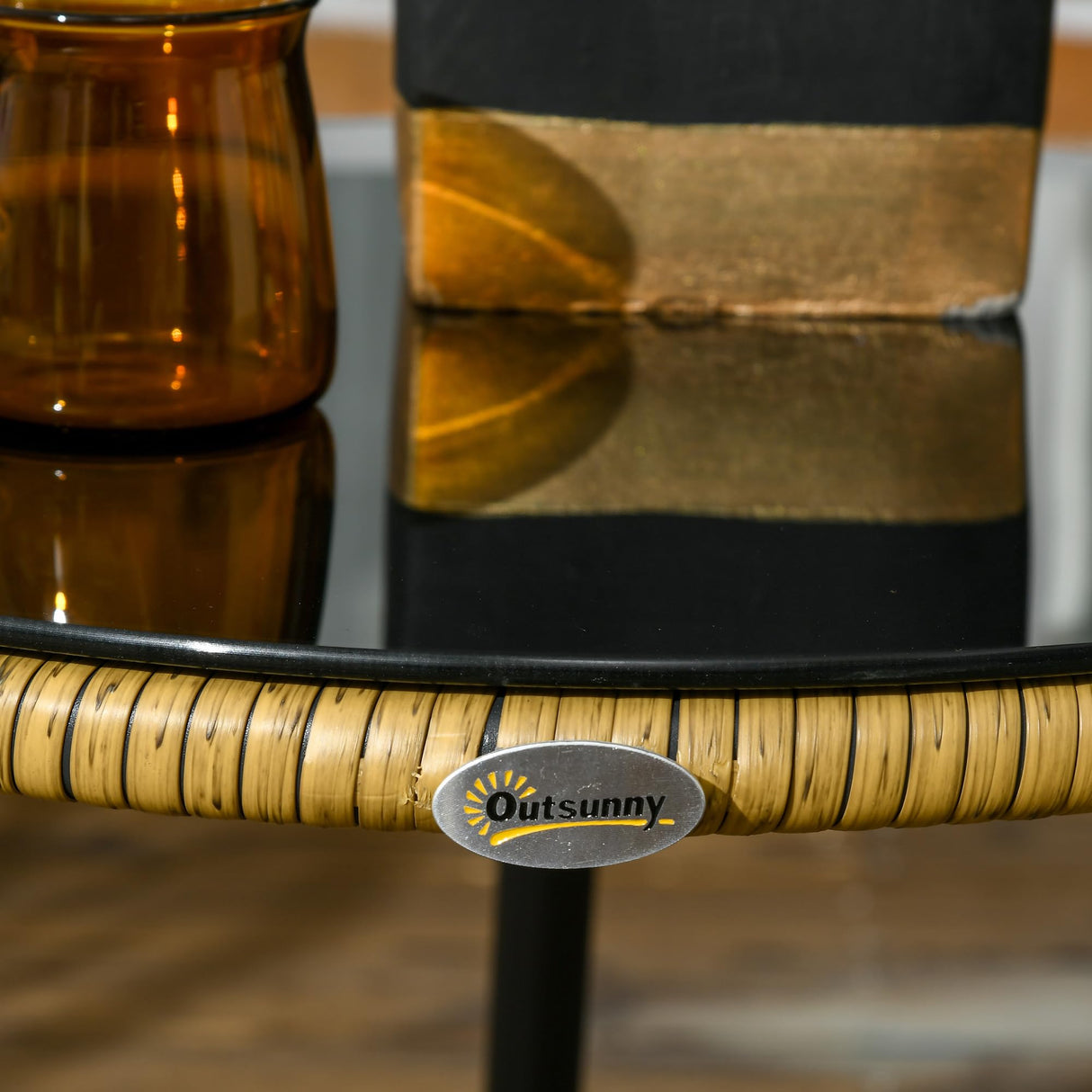 Outsunny 3 Piece Bistro Set with Cushions, Outdoor PE Rattan Wicker Patio Rocking Chair with 2 Porch Rocker Chairs, Glass Top Coffee Table Patio Conversation Set, Cream White Outsunny