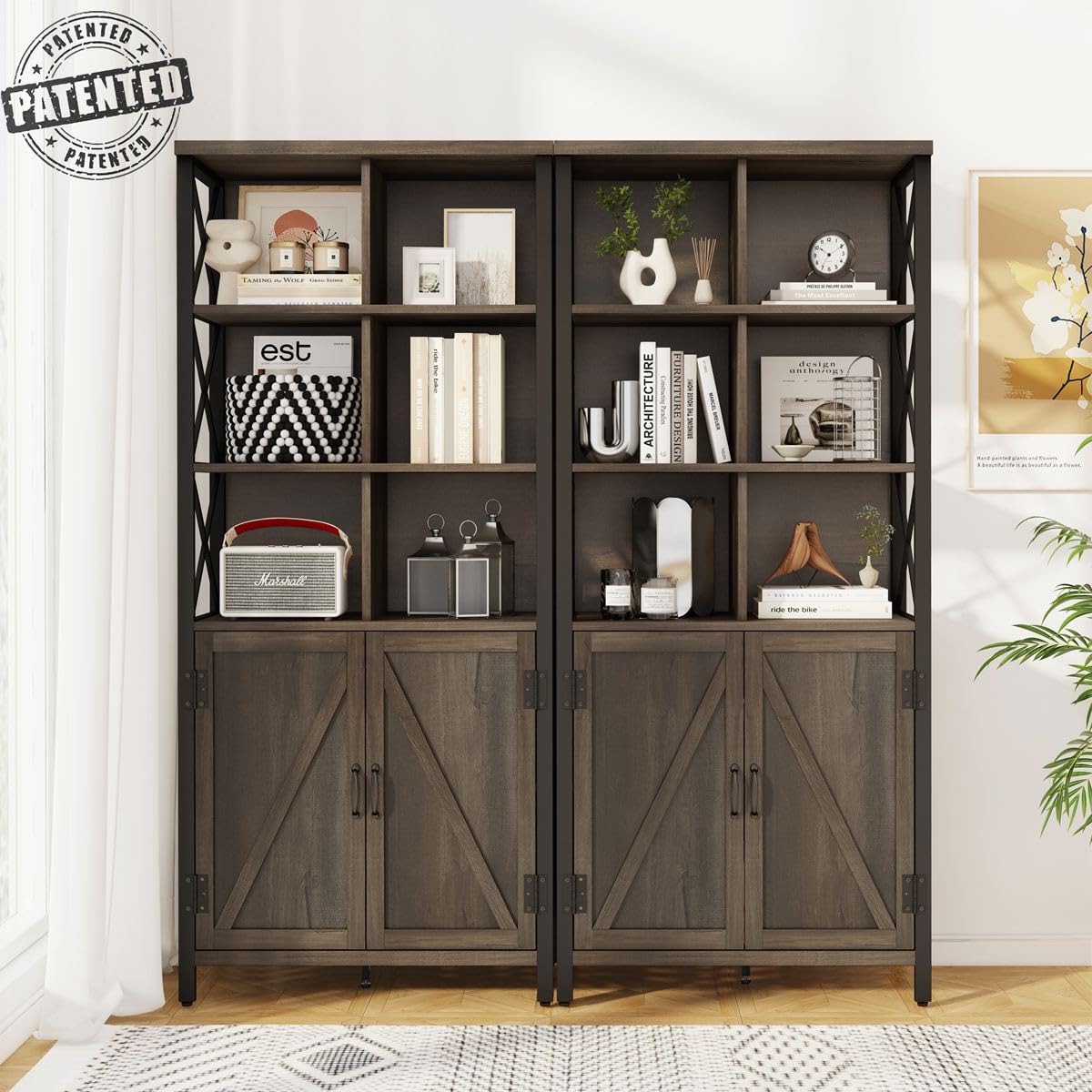 FATORRI Rustic Wood Bookshelf with Doors and Cabinet – Industrial Tall Bookcase in Walnut Brown FATORRI