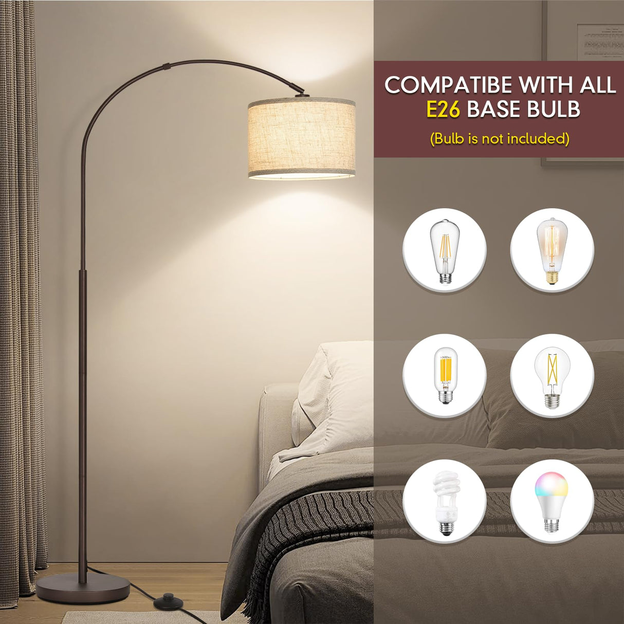 Floor Lamp for Living Room, Arc Floor Lamp with Adjustable Head, Modern Arched Floor Lamp with On/Off Pedal Switch, Over Couch Tall Standing Hanging Light for Reading, Bedroom, Office (Brown) Seaside village