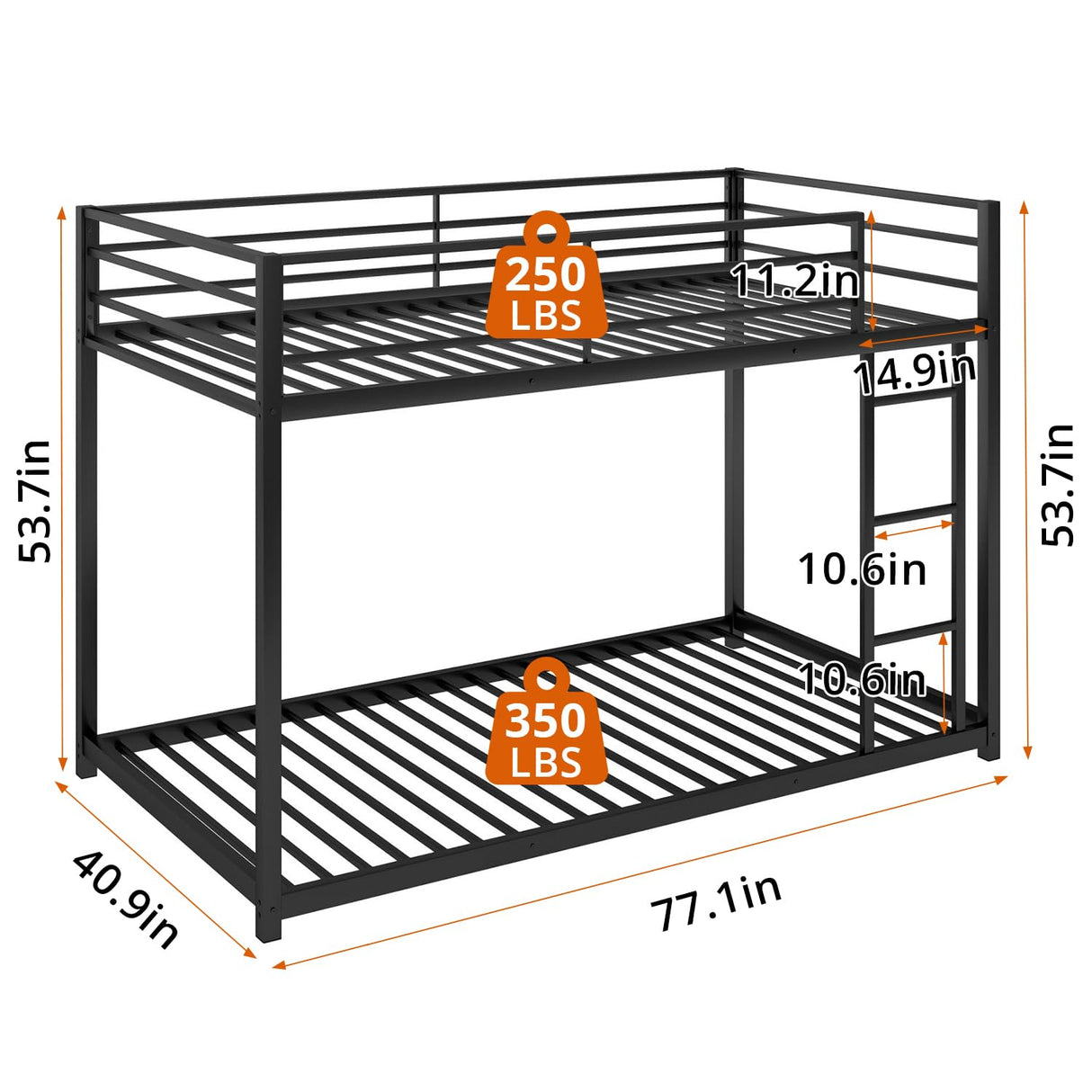 INCLAKE Twin Over Twin Bunk Bed, Heavy Duty Metal Bunk Bed Frame with Built-in Ladder and Safety Guard Rail, Low Bunk Bed for Teens Adults, Noisy Free & No Box Spring Needed, Black INCLAKE