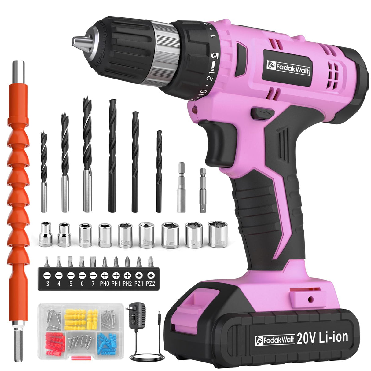 FADAKWALT Cordless Drill Set, 20V Electric Power Drill with Battery And Charger, Torque 30N, 21+1 Torque Setting, 3/8-Inch Keyless Chuck, Drill Driver Bits Kit, with LED Electric Drill Set. (Pink) FADAKWALT